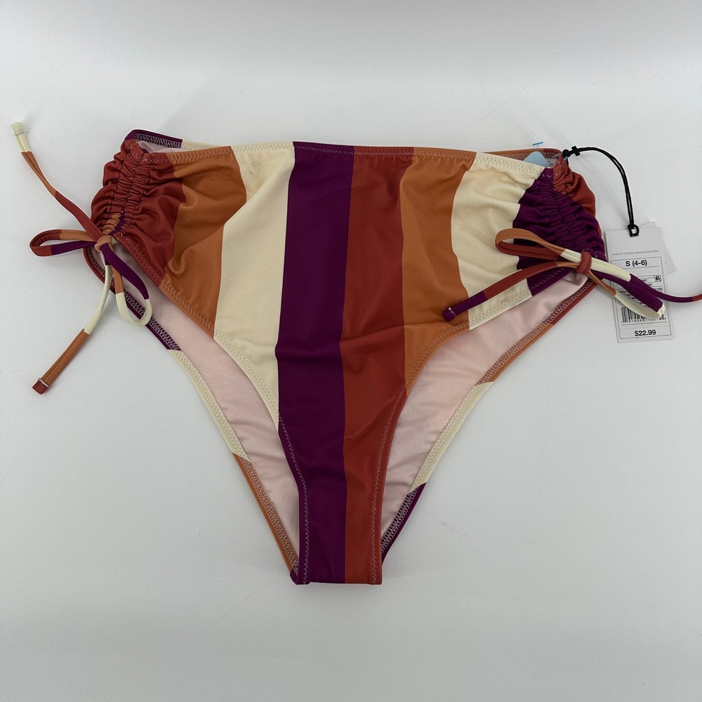 Shade & Shore High Waist Extra Cheeky Striped Bikini Bottoms Purple Orange S